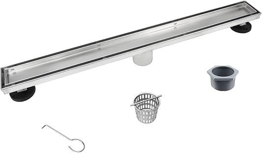 Linear Shower Drain 26", Brushed Floor Drain with Tiled Insert Grate & Hair Strainer, 304 Stainless Steel Bathroom 2-in-1 Tiled in Drain, CUPC Certified (Brushed, 26'')