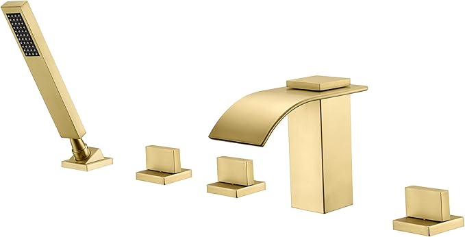 SUMERAIN Roman Tub Faucet Set 5 Holes Deck Mount Waterfall Bathtub Faucet with Handheld Shower Brushed Gold