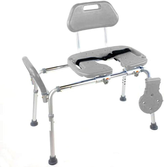 Platinum Health Sliding Shower Chair HydroGlyde Premium Heavy Duty, Padded Bathtub Transfer Bench with Cut Out Seat, for Bath Tub, Adjustable Legs, and Safety Belt, Quick Tool-Less Assembly, Gray