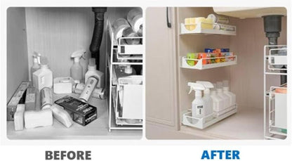 Under Sink Organizer Sliding Storage Rack for Kitchen & Bathroom, Space-Saving Pull-Out Storage for Bottles, Spices, Cleaning Supplies Adjustable Under Cabinet Organizer Durable Metal Shelf, White