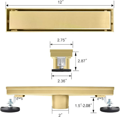 Linear Shower Drain, 12 inch Gold Drain with Tile Insert 2-in-1 Panel, Brushed 304 Stainless Steel Gold Shower Floor Drain, Linear Drain with Hair Strainer and Adjustable Feet