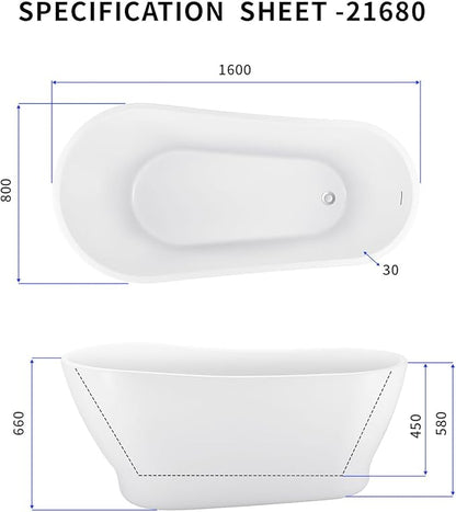 63" Acrylic Freestanding Bathtub, Elegant Skirted Free Standing Tub, Soaking Tub with Integrated Slotted Overflow, Toe-Tap Chrome Drain, cUPC Certified, Glossy White
