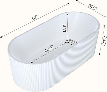 67-in Freestanding Bathtub - Acrylic Soaking Tub with Overflow Drain - CUPC Certified Thickened Design Glossy White for Bathroom