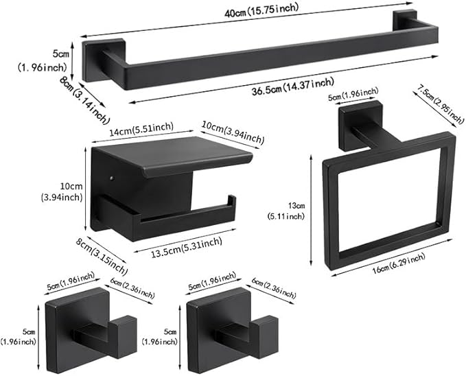16-inch Black Towel Rack Set, SUS304 Stainless Steel Bathroom Wall-Mounted Towel Rack Bath Accessory Set, Matte Black Bathroom Hardware Set