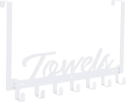 Over The Door Hooks, Heavy Duty Towel Rack with 7 Coat Hooks for Bedroom Bathroom Pool Kitchen Towels and Bags (White)