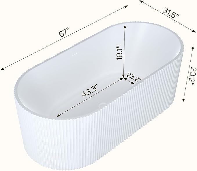 67" Free Standing Tub, Acrylic Soaking Bathtub, Stand Alone Freestanding Tub with Matte Sliver Drain and Overflow, Contemporary Bathtub for Bathroom, Pleated Gloss White