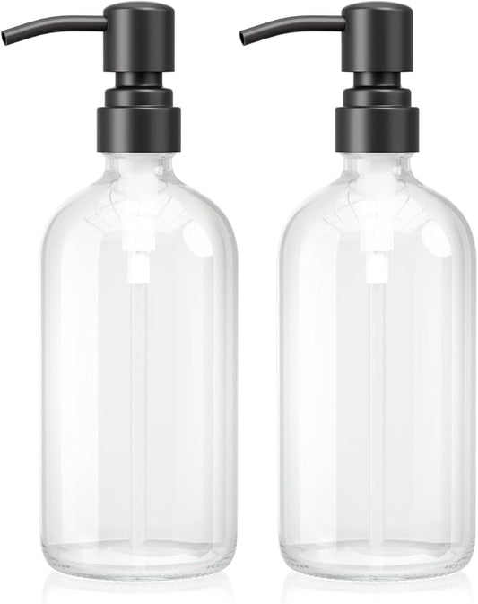 AmazerBath Soap Dispenser, 2 Pack Glass Soap Dispenser with Stainless Steel Pump, 17 Oz Bathroom Hand Soap Dispensers Bottle for Bathroom & Kitchen, Clear & Black