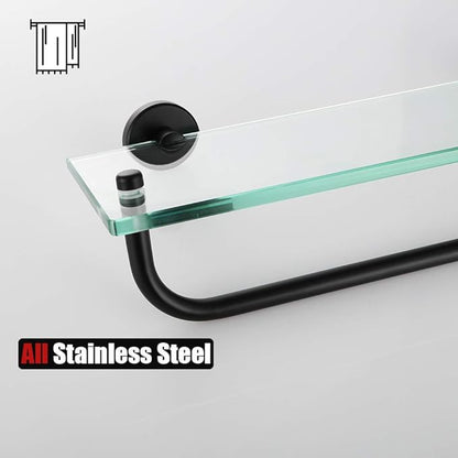 JQK Bathroom Glass Shelf, Shelf with 29 Inch Towel Bar Tempered Glass Shower Storage 30 by 5 inches, 304 Stainless Steel Matte Black Wall Mount, TGS100L30-PB