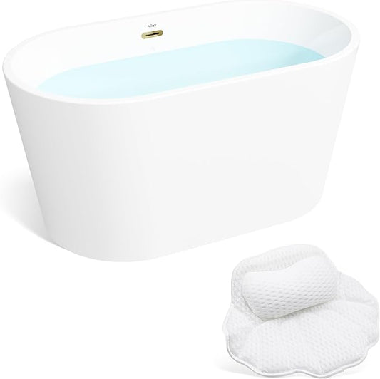 FerdY Shangri-La 47" Acrylic Freestanding Bathtub with Headrest, Small Classic Oval Shape Acrylic Soaking Bathtub with Polished Gold Drain & Overflow& Bath Pillow, cUPC Certified