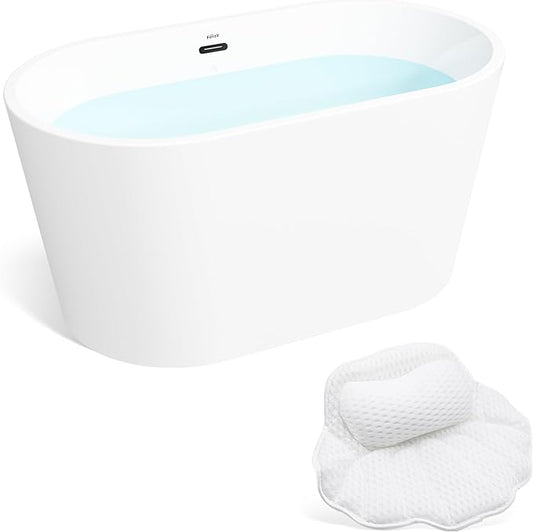 FerdY Shangri-La 47" Acrylic Freestanding Bathtub with Headrest, Small Classic Oval Shape Acrylic Soaking Bathtub with Matte Black Drain & Overflow& Bathtub Pillow, cUPC Certified