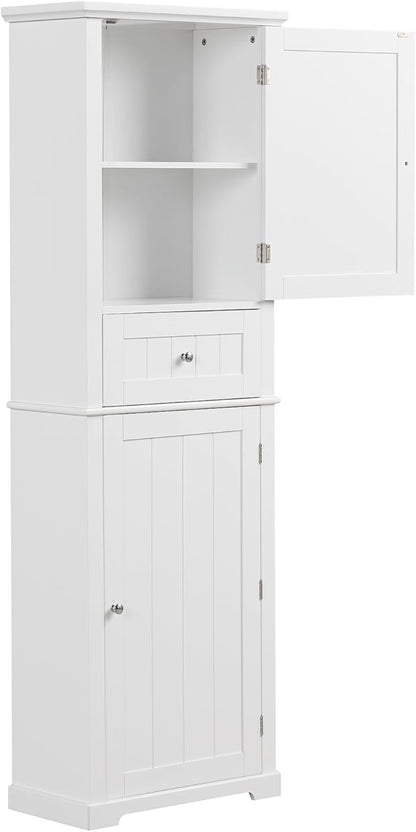 Favfurish Tall Bathroom Storage Cabinet with Doors and Drawer,Modern Linen Cabinets w/Adjustable Shelf & Anti-Toppling Device,Freestanding Narrow Cabinet for Bathrooms,Living Room, Entryway,White