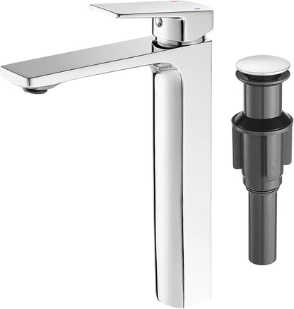 VOTON Vessel Sink Faucet Single Handle Tall Bathroom Sink Faucet Chrome Bathroom Vanity Faucet Basin Mixer Tap with Water Supply Lines and Pop Up Drain,Solid Brass