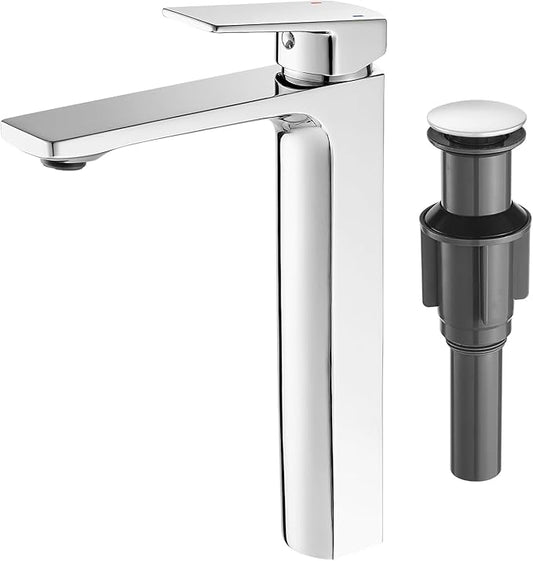 VOTON Vessel Sink Faucet Single Handle Tall Bathroom Sink Faucet Chrome Bathroom Vanity Faucet Basin Mixer Tap with Water Supply Lines and Pop Up Drain,Solid Brass