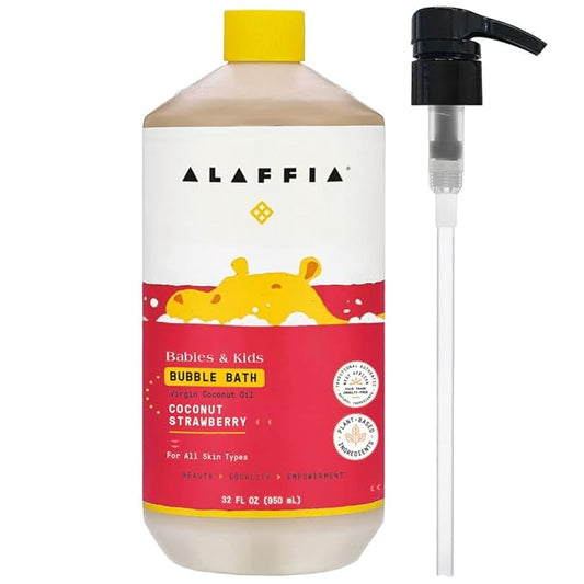 Alaffia Babies & Kids Bubble Bath, Coconut Strawberry, Pump Included – Gentle Cleanser with Raw Shea Butter and Hibiscus, 32 Fl Oz