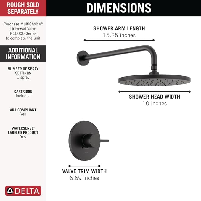 Delta Modern 14 Series Round Rain Shower Faucet Set, Matte Black Shower Head and Handle Set, Valve Trim Kit, Matte Black T14269-BL-PP (Valve Not Included)