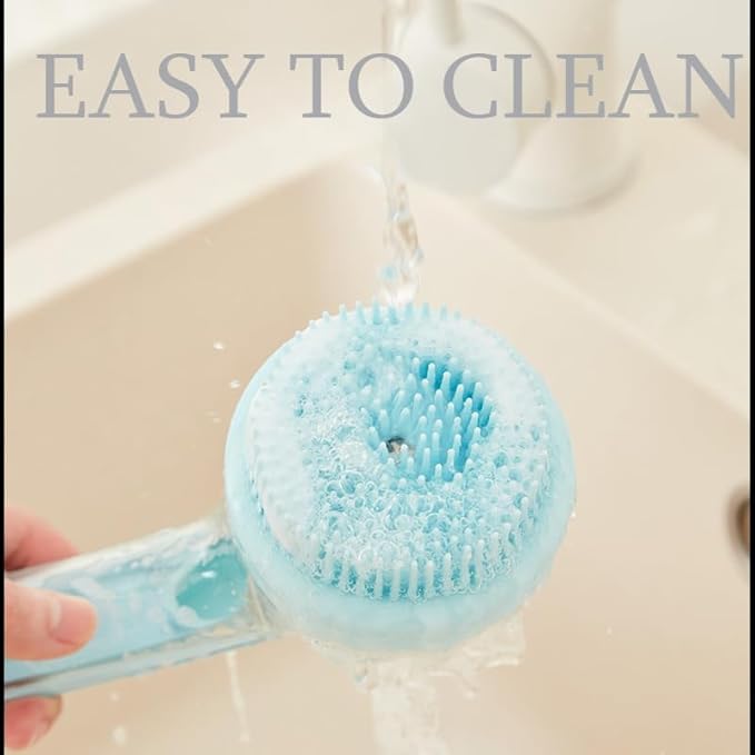 Pet Bath Brush with Silicone Bristles – Grooming Massage Tool with Liquid Dispenser for Wet & Dry Use – Deep Cleaning Portable Brush for Dogs and Cats (Blue)