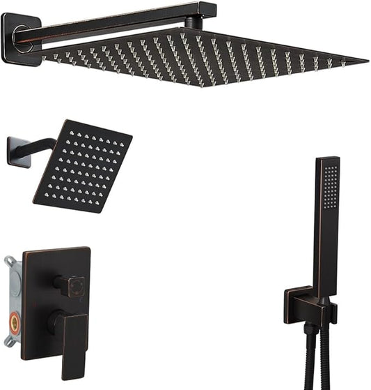 Shower Faucet Set Oil Rubbed Bronze Shower System, Knob Switch Diverter Shower Faucet with High Pressure Handheld Spray, Wall Mount 12 Inch Shower Head with 6 Inch Wall Mount Shower Head