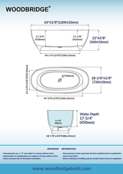 WOODBRIDGE 63" L x 28-3/8" W Transparent Blue Stone Resin Freestanding Soaking Tub with Double Ended Design