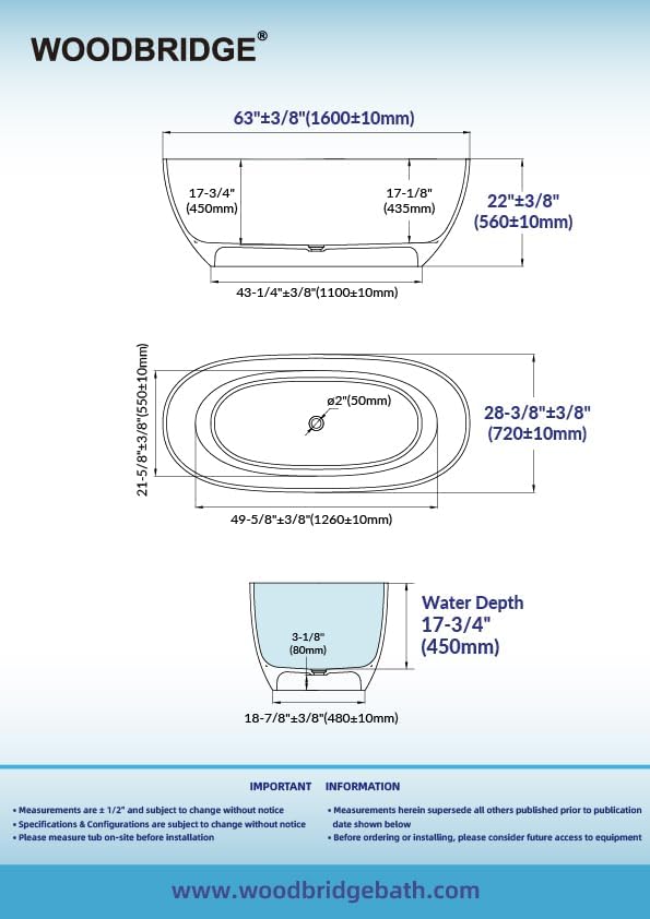 WOODBRIDGE 63" L x 28-3/8" W Transparent Gray Stone Resin Freestanding Soaking Tub with Double Ended Design