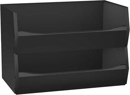 2 Set Open Front Stackable Storage Bins, Bamboo Stacking Storage Bins Food Vegetable Makeup Containers, Organizer Bins for Kitchen, Bathroom, Office, Cabinet, Countertop Storage (Long Black)