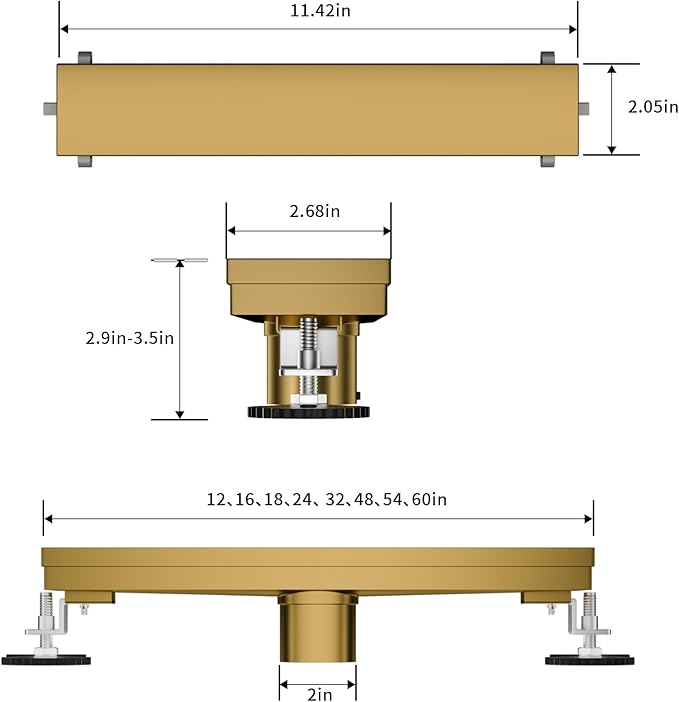 Linear Shower Drain, 304 Stainless Steel with Adjustable Leveling Feet, Hair Strainer,Reversely Install Place to Create an Invisible Floor Drain - Gold -12-Inch