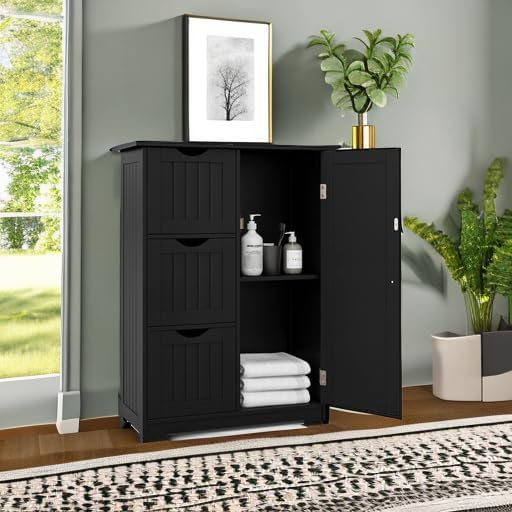 Tangkula Bathroom Floor Cabinet, Freestanding Storage Cabinet with 3 Drawers & Single Door, Adjustable Shelf, Multipurpose Bathroom Storage for Home Office, 23.5 x 12 x 32 Inches (3 Drawers, Black)