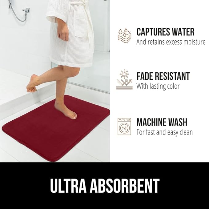 GORILLA GRIP Memory Foam Bath Mat, Soft Absorbent Velvet Bathroom Mats, Durable Dots on Underside, Machine Washable Bathmat, Carpet Rug Room Decor for Shower Tub Floor RV, 24x17 Rugs, Burgundy