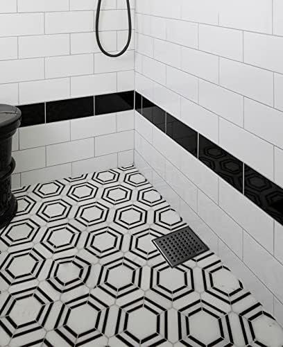 Neodrain 4-Inch Square Shower Drain with Removable Quadrato Pattern Grate, 304 Stainless Steel, Includes PVC Shower Drain Base&Hair Strainer, Shiny Black