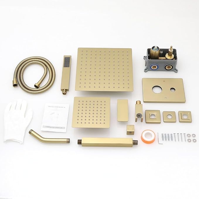 Shower Faucet Set Brushed Gold Shower System, Knob Switch Diverter Shower Faucet with High Pressure Handheld Spray, Ceiling Mount 10 Inch Shower Head with 6 Inch Wall Mount Shower Head