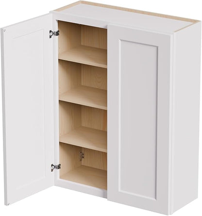 33 Inch Laundry Room Cabinets Wall Mounted, Solid Wood Over The Toilet Storage Cabinet, Bathroom Organizer Cabinets with 2 Shaker Door & 3 Shelves, Easy to Assemble for Kitchen, Garage - White