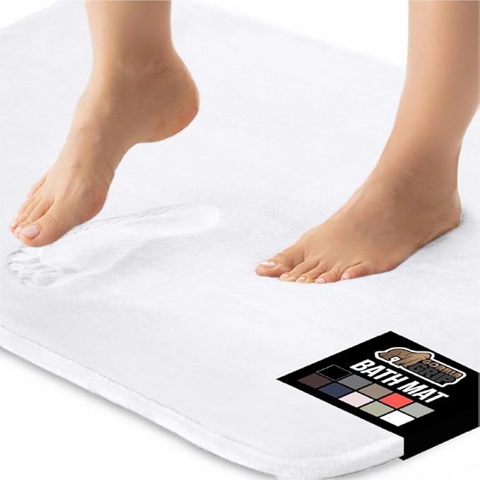 GORILLA GRIP Thick Memory Foam Bath Rugs, Soft Absorbent Velvet Bathroom Mats, Durable Dots on Underside, Machine Washable Bathmat, Carpet Rug Room Decor for Shower Floor, 36x24 Mat, White