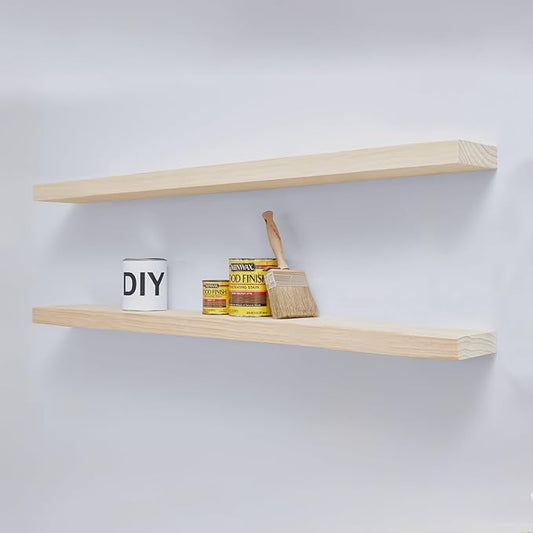 Homeforia Wood 48 inch Floating Shelf, High End Solid Natural Wood 48inch Floating Shelves for Wall Mounted, Unfinished Wooden Large Floating Shelves, Heavy Duty Bracket, 48 X 6.5 X 1.75 in, Set of 3