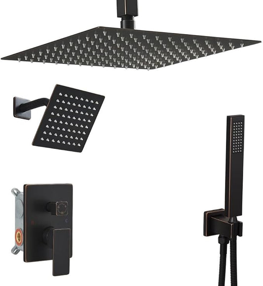 Shower Faucet Set Oil Rubbed Bronze Shower System, Knob Switch Diverter Shower Faucet with High Pressure Handheld Spray, Ceiling Mount 12 Inch Shower Head with 6 Inch Wall Mount Shower Head