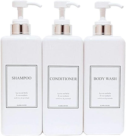Modern Design Shampoo and Conditioner Dispenser, Large 27oz Shower Soap Dispenser, Set of 3 Refillable Empty Plastic Pump Bottles for Bathroom (6 Waterproof Labels Included), White & Silver