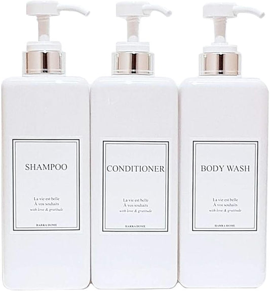 Modern Design Shampoo and Conditioner Dispenser, Large 27oz Shower Soap Dispenser, Set of 3 Refillable Empty Plastic Pump Bottles for Bathroom (6 Waterproof Labels Included), White & Silver