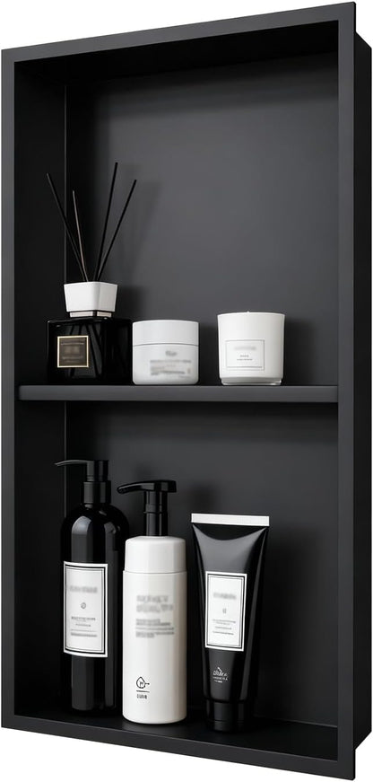 Shower Niche 12x24, Matte Black, No Tile Needed 304 Stainless Steel Recessed Wall Niche Insert with Double Shelves, Built-in Sloped Base Drainage, in-Wall Shower Storage for Bathroom Remodel