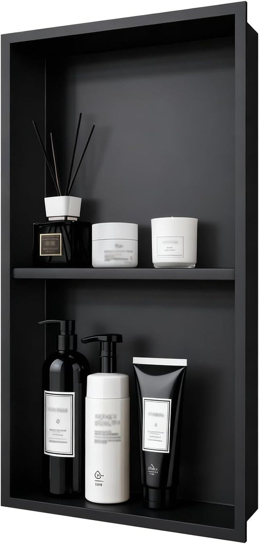 Shower Niche 12x24, Matte Black, No Tile Needed 304 Stainless Steel Recessed Wall Niche Insert with Double Shelves, Built-in Sloped Base Drainage, in-Wall Shower Storage for Bathroom Remodel