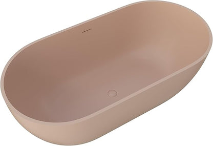 Premium 59" Pink-Sandstone Solid Surface Free Standing Tub, Upgraded Oval Resin Stone Bathtub with Overflow and Pop-up Drain