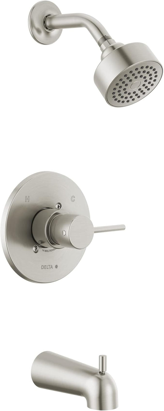 Delta Faucet Modern Brushed Nickel Tub and Shower Trim Kit, Shower Faucet with Single-Spray Touch-Clean Shower Head, Stainless T14459-SS-PP (Valve Not Included)