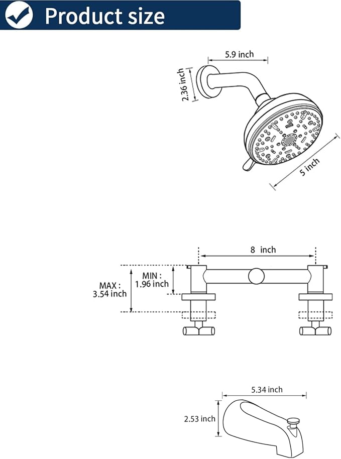 2 Handle Shower Faucet Set with Tub Spout Bathtub Shower Faucet Combo Set Shower System Complete Tub and Shower Trim Kit Matte Black Wall Mounted Shower Fixtures