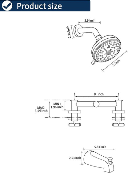 2 Handle Shower Faucet Set with Tub Spout Bathtub Shower Faucet Combo Set Shower System Complete Tub and Shower Trim Kit Brushed Nickel Wall Mounted Shower Fixtures