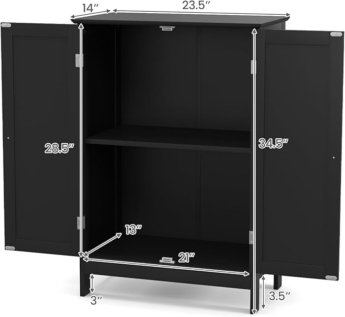 Tangkula Freestanding Storage Cabinet with Double Doors and Shelf, Modern Home Furniture, Wooden Home Organizer for Living Room, Bathroom Storage Cabinet (Black)