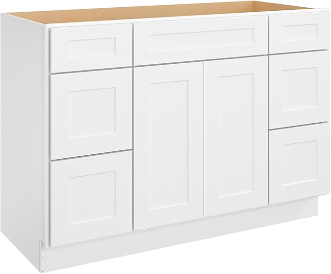 ROOMTEC Bathroom Cabinet, 48'' Free Standing Bathroom Vanity with 6 Drawers and 2 Doors,Soft-Close Drawer Slides Morden Bathroom Sink Vanity Storage Cabinet, Shaker White