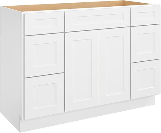 ROOMTEC Bathroom Cabinet, 48'' Free Standing Bathroom Vanity with 6 Drawers and 2 Doors,Soft-Close Drawer Slides Morden Bathroom Sink Vanity Storage Cabinet, Shaker White
