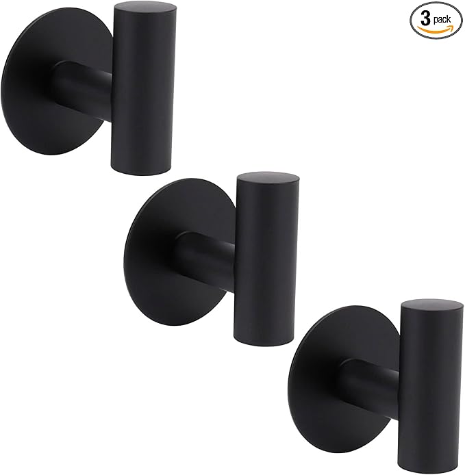 TocTen Bath Towel Hook, Strong Self Adhesive Robe Hook, SUS 304 Stainless Steel Stick on Wall Coat/Clothes Hook No Drilling, Shower Wall Hook for Bathroom Kitchen Office Closet(Matte Black, 3 Pack)