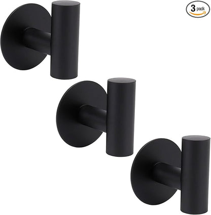 TocTen Bath Towel Hook, Strong Self Adhesive Robe Hook, SUS 304 Stainless Steel Stick on Wall Coat/Clothes Hook No Drilling, Shower Wall Hook for Bathroom Kitchen Office Closet(Matte Black, 3 Pack)