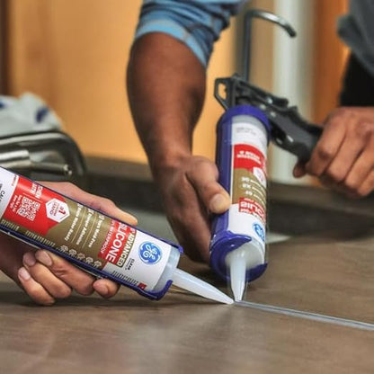 GE Advanced Silicone Caulk for Kitchen & Bathroom, White, 10 fl oz Cartridge, 1 Pack - 100% Waterproof Silicone Sealant, 5X Stronger Adhesion, Shrink & Crack Proof