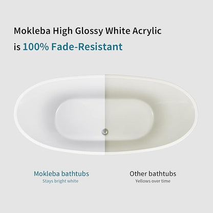 62" Lucite Acrylic Freestanding Bathtub, Double Slipper Shape Contemporary Soaking Tub with Toe-tap Chrome Drain, Slotted Overflow, cUPC Certified, Glossy White