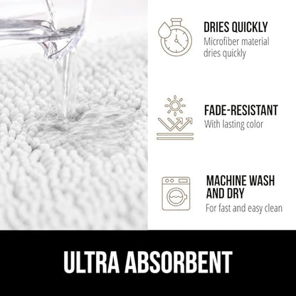 GORILLA GRIP Bath Rug Mat, Thick Soft Absorbent Chenille, Quick Dry Microfiber Mats, Rubber Backing Washable Shower Floor Rugs, Bathmat Runner, US Designed Bathroom Home Decor Accessories 24x17, White