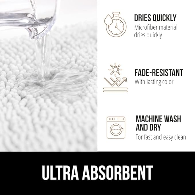 GORILLA GRIP Bath Rug Mat 30x20, Thick Soft Absorbent Chenille, Quick Dry Microfiber Mats, Rubber Backing Washable Shower Floor Rugs, Bathmat Runner, US Designed Bathroom Home Decor Accessories White